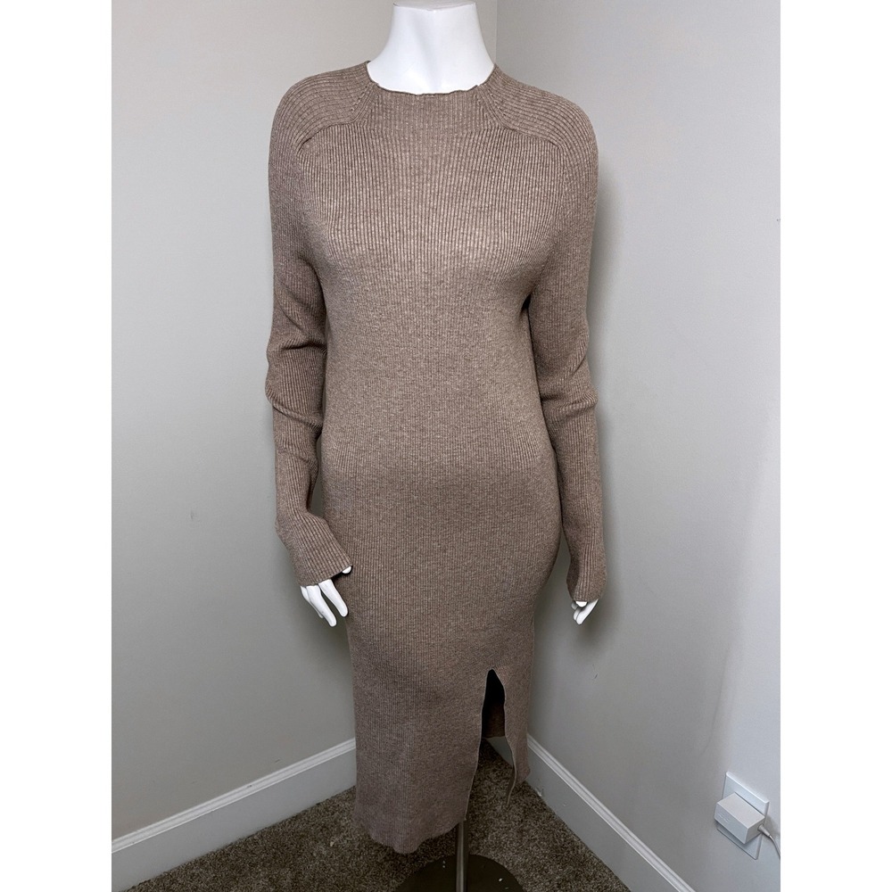 Halara Ribbed Knit Midi Sweater Dress Tan Beige Long Sleeve Side Slit Large L